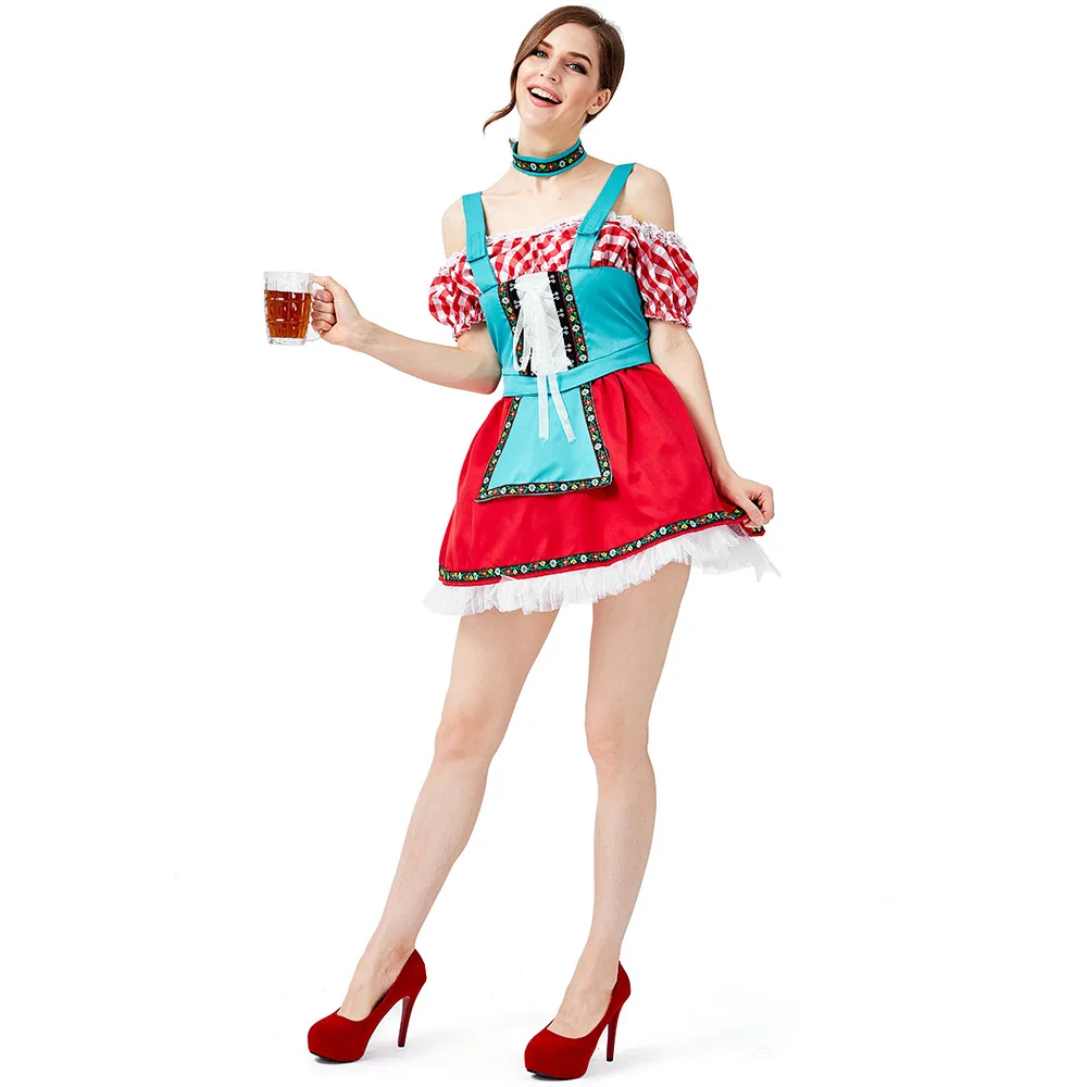 German Traditional Oktoberfest Trachten Beer Girls Clothes Off Shoulder Women Dirndl Plaid Dress Maid Wench Costume Outfit Lady