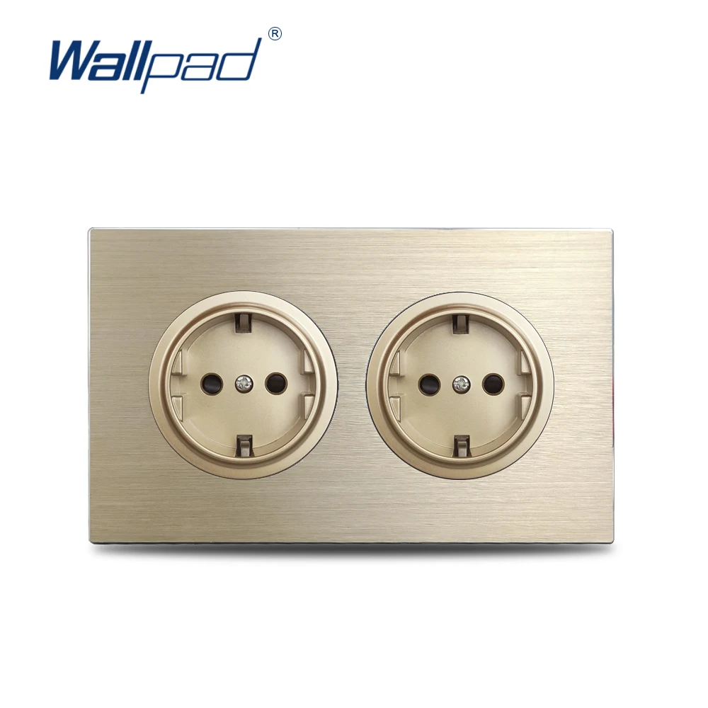 Wallpad Gold Double EU Plug Wall Electric Outlet Socket 146* 86mm Satin Brushed Aluminum Panel Frame