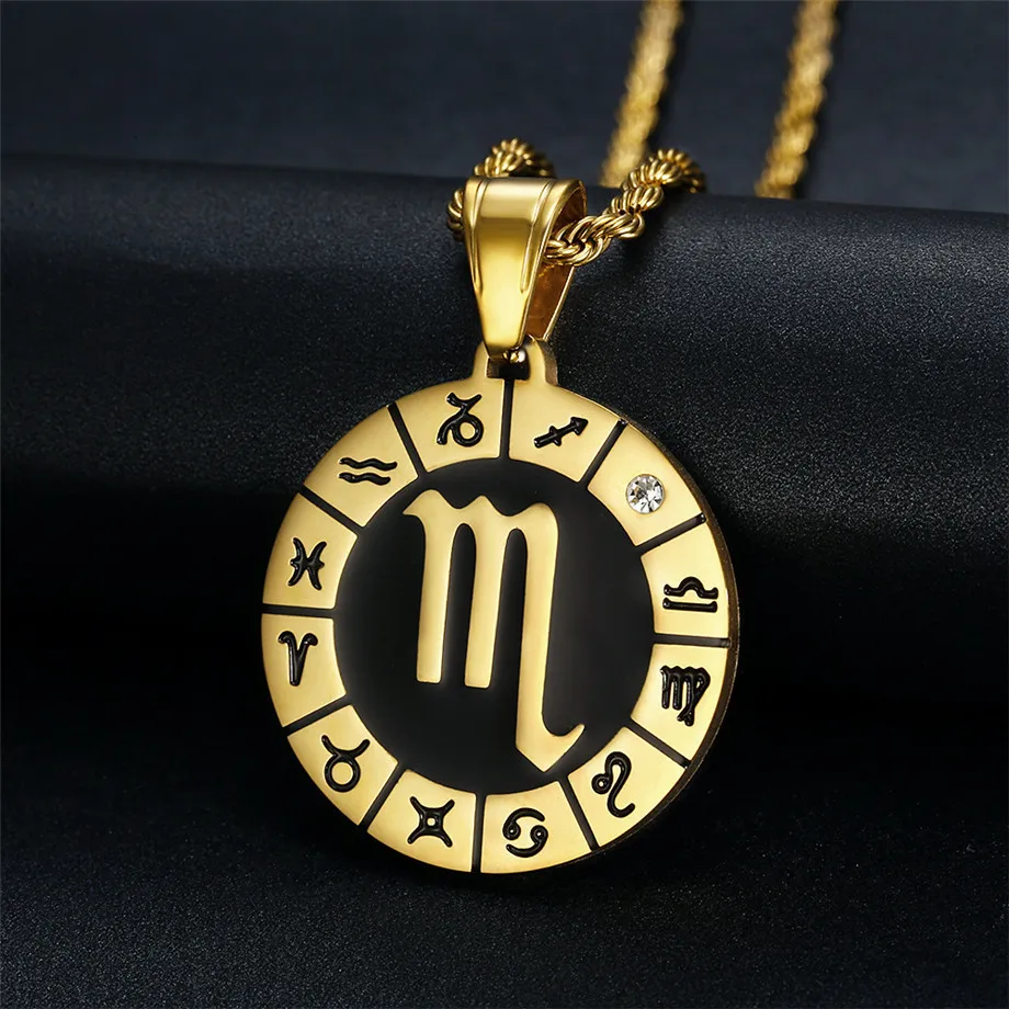 

Punk Zodiac Sign Constellations Pendant Gold Color Stainless Steel Round Necklace For Women Men Fashion Jewelry Birthday Gifts