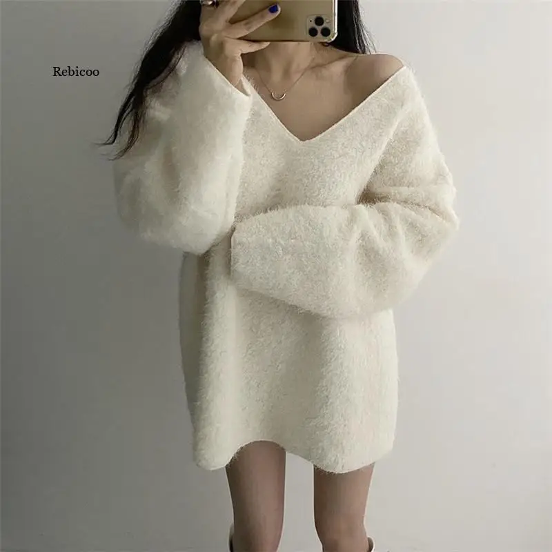 Loose v-neck Pullover solid color Thick Warm Knitted Long Sleeve Sweaters Half Zip Up Winter Coat Comfy Clothing