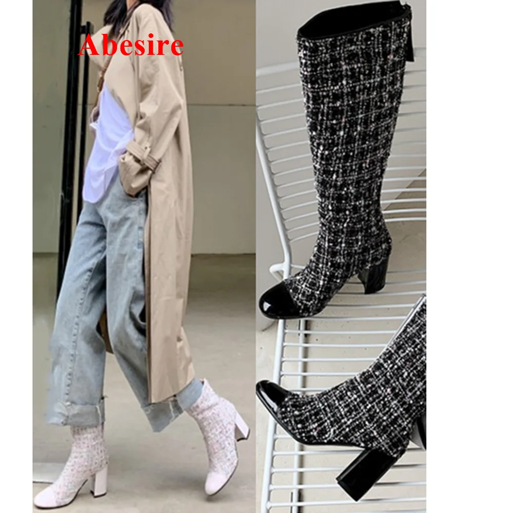 Round Toe Woolen Cloth Boots Patent Leather Short  Boots Block Heel Back Zipper New Arrival Fashion Women Shoes Winter Special