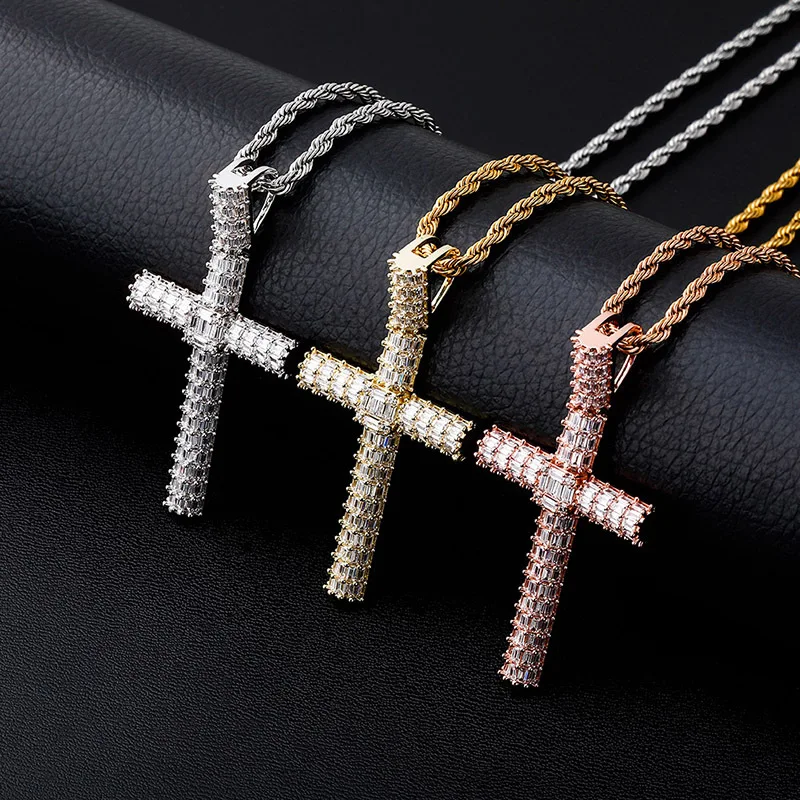 

Hip Hop Claw Setting AAA+ Cubic Zirconia Bling Iced Out Cylinder Cross Pendants Necklaces for Women Men Rapper Jewelry Gift