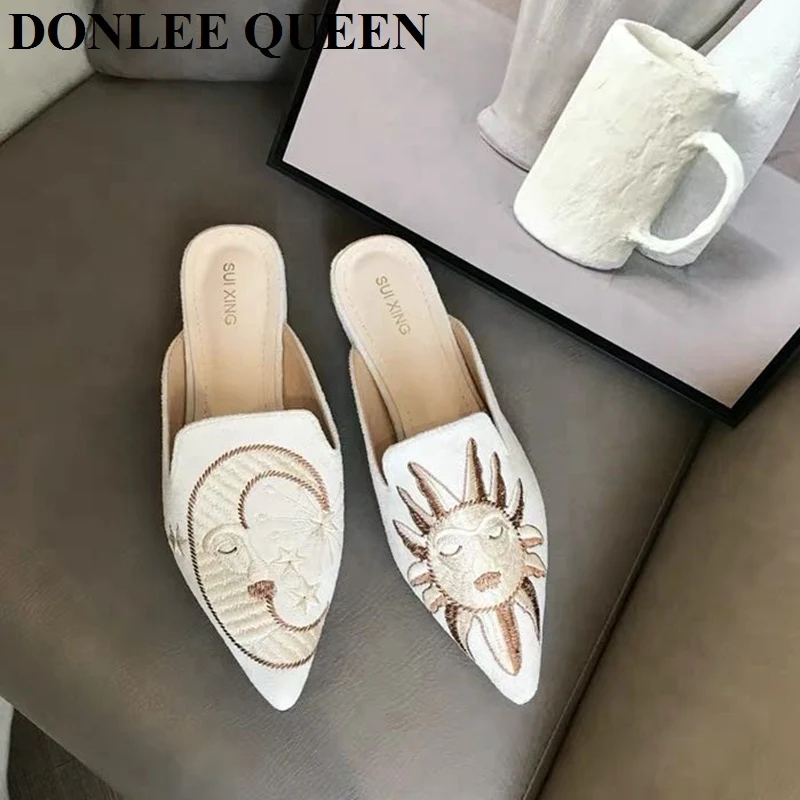 Big Size 35-42 Slippers Women Slip On Slides Flat Pointed Toe Embroider Mules Shoes Women New Casual Flip Flops zapatillas mujer