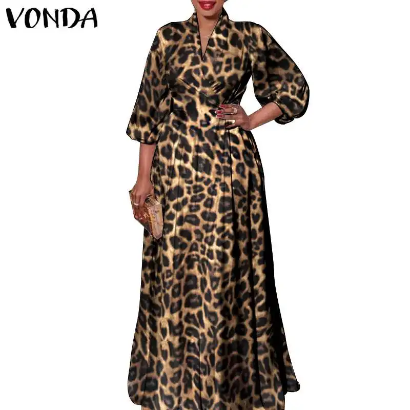 

2023 VONDA Bohemian Women Maxi Dress Autumn Long Sleeve Party Long Dress Vintage Leopard Print Party Vestidos Casual Robe Femme