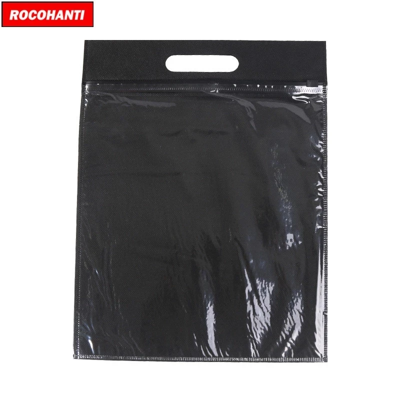 50X Custom LOGO Printed Transparent Plastic Black Zipper Bag Non Woven Bags With Handle for T-Shirt Clothing Gift Packaging Bag