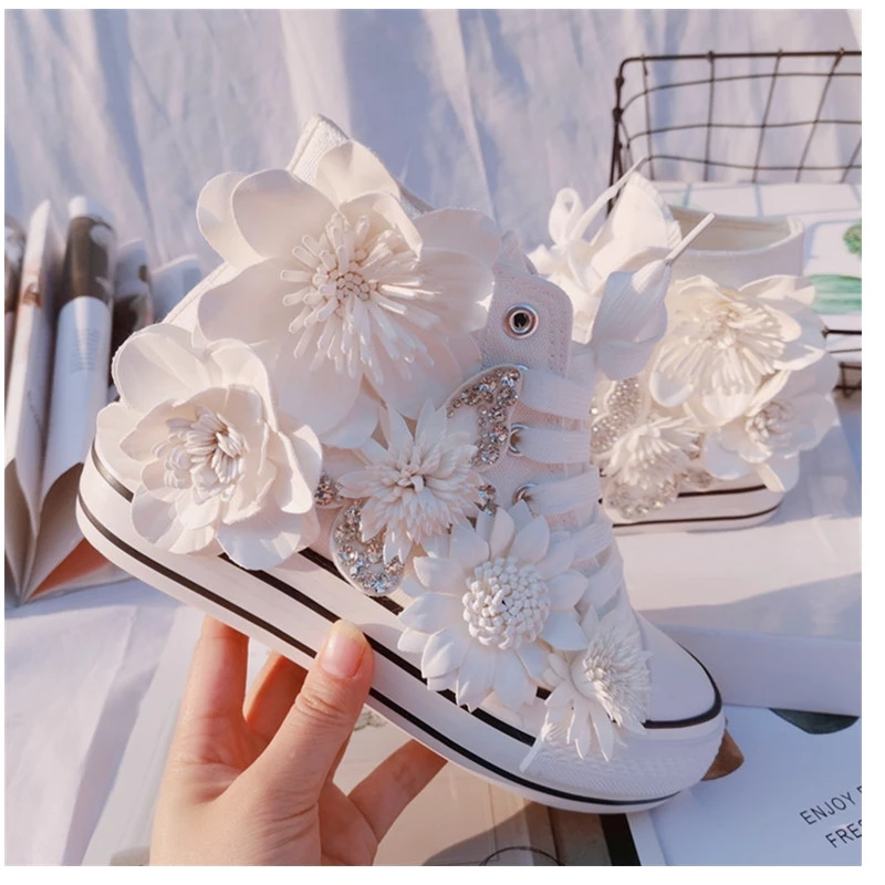 Original Butterfly Flower High-top Canvas Shoes Sweet Lace-up Women's Shoes White Inner Height-increasing Vulcanized Shoes