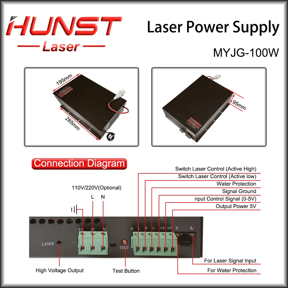 Imagem -05 - Hunst Co2 Laser Power Supply Gerador a Laser para Gravação e Tubo de Máquina de Corte Myjg100w 80w 100w