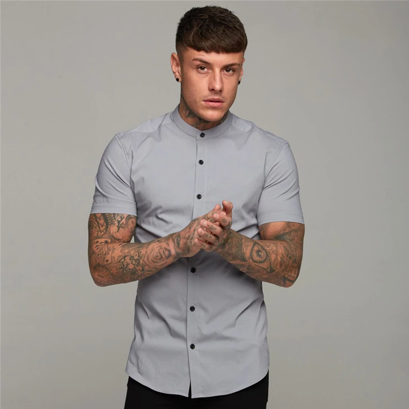 Summer Fashion Short Sleeve Shirt Men Slim Fit Social Business Stand Collar Dress Shirt Brand Mens Fitness Sports Gym Clothing