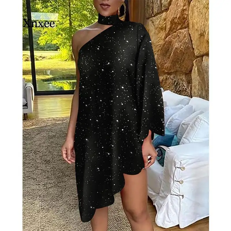 New Fashion Vintage Women Loose Dress Stand Neck One Shoulder Figure Print Irregular Ruffle Dress Ladies Vestido Robe