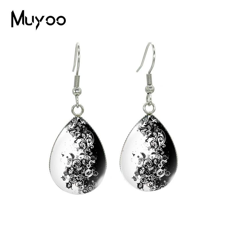 2021 New Black White Flower Photo Tear drop Earring Art Painting Fish hook Earrings Glass Cabochon Jewelry Handmade Items
