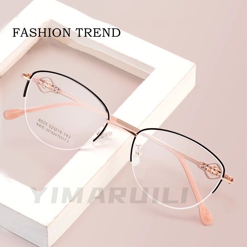 YIMARUILI Women Half-frame Glasses Anti-blue Light Retro Ultralight Metal Fashion Optical Prescription Eyeglasses Frame 8025Z