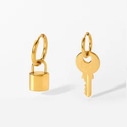 New Stainless Steel Lock Key Asymmetric Pendant Huggie Earrings PVD Gold Plated Dangle Hoop Earrings For Girls Gift