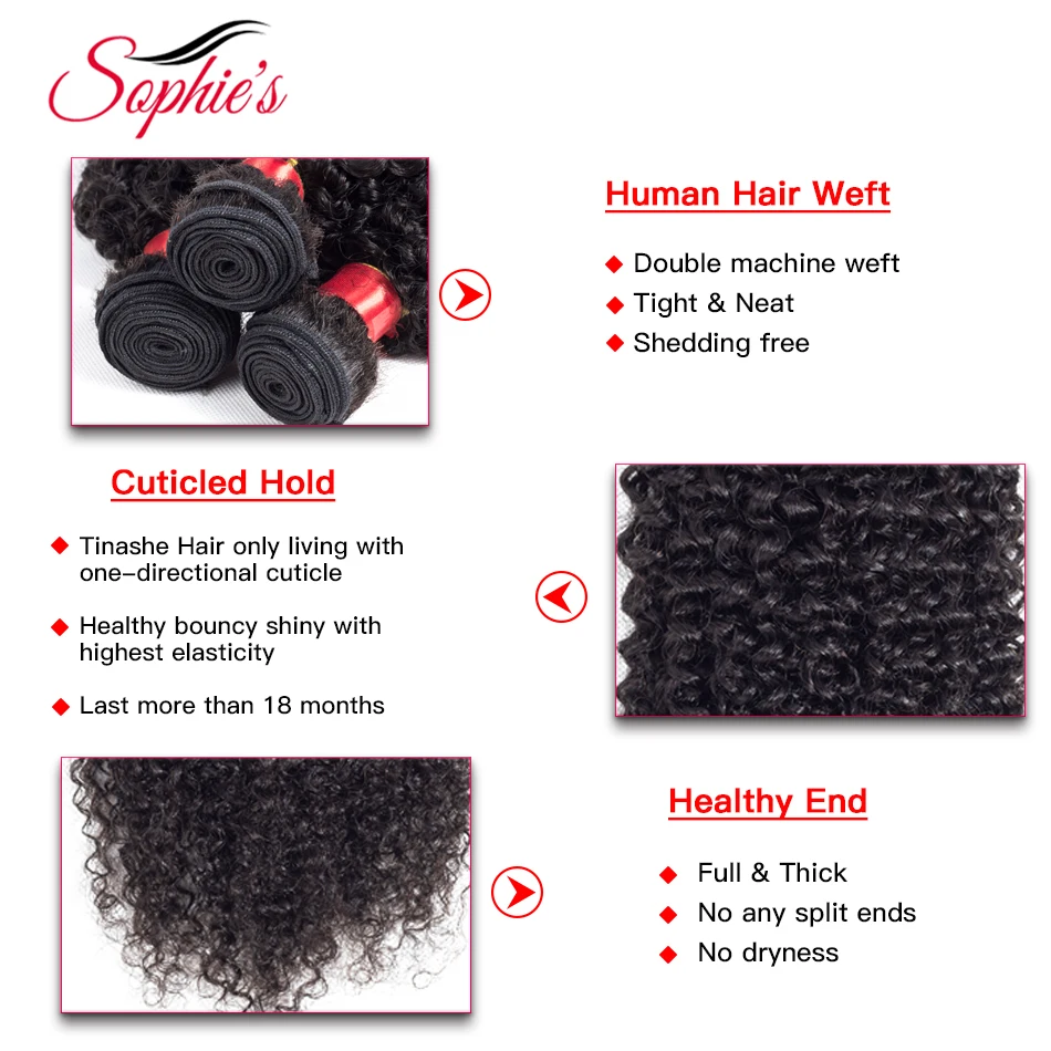 Sophie\'s Peruvian Hair Bundles Kinky Curly Hair Bundles Non-Remy Human Hair Bundles With Closure Double Weft Hair Extension