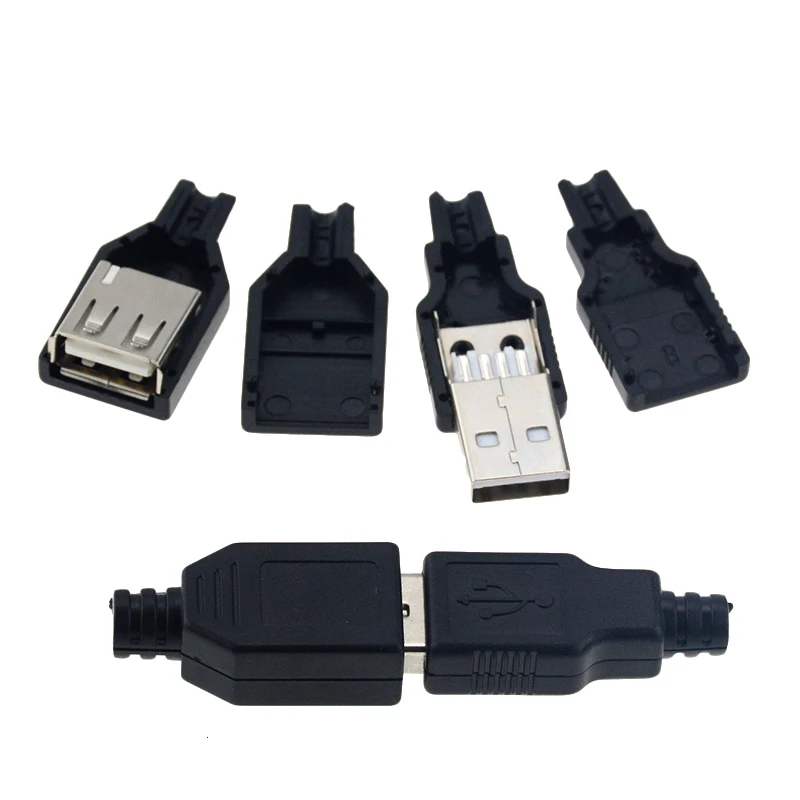 5pcs DIY 3 in 1 USB 2.0 Type A Male Female USB 4 Pin Plug Socket Connector With Black Plastic Cover Type-A DIY Kits