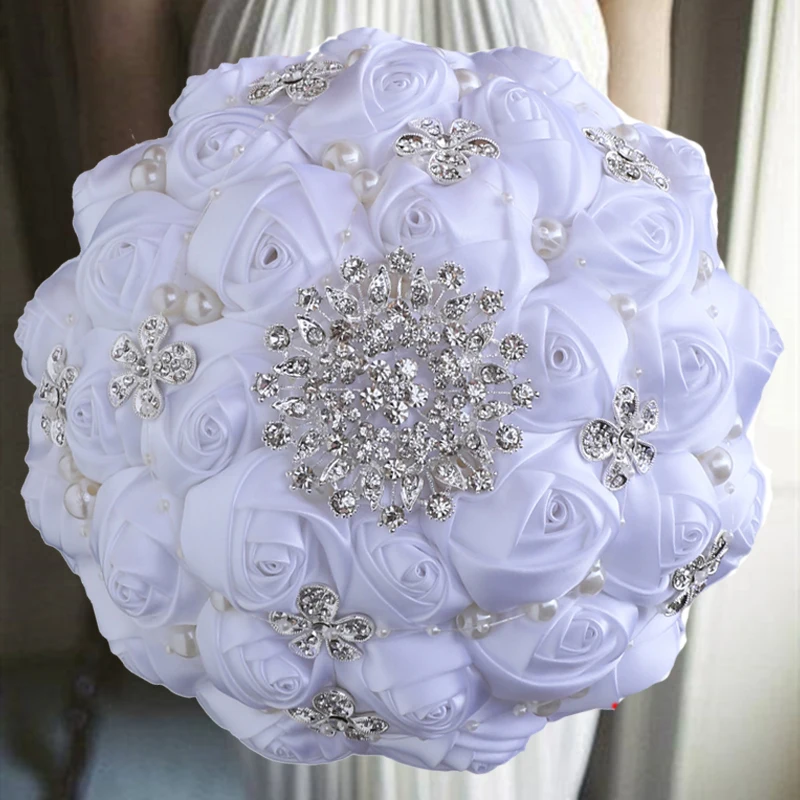 

1pc/lot white Wedding Bouquet Silver Diamond Decoration Bridal Wedding Bouquet Artificial Ribbon Rose Weddin