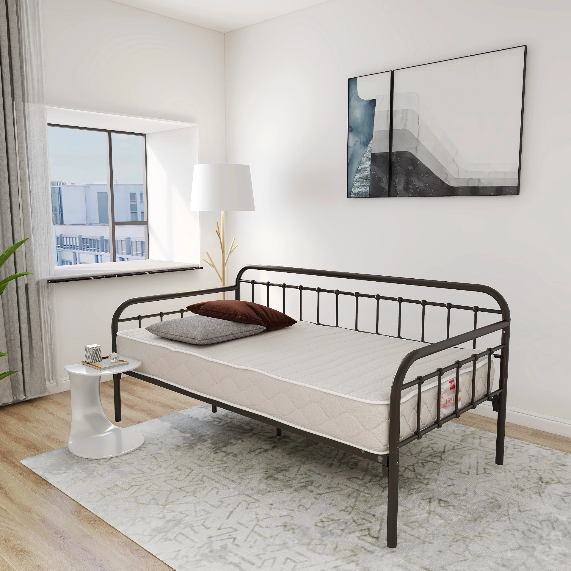 Twin Size Metal Daybed Platform Bed Frame No Box Spring Needed W/ Vintage Headboard&Footboard Premium Steel Slat Support[US-W]