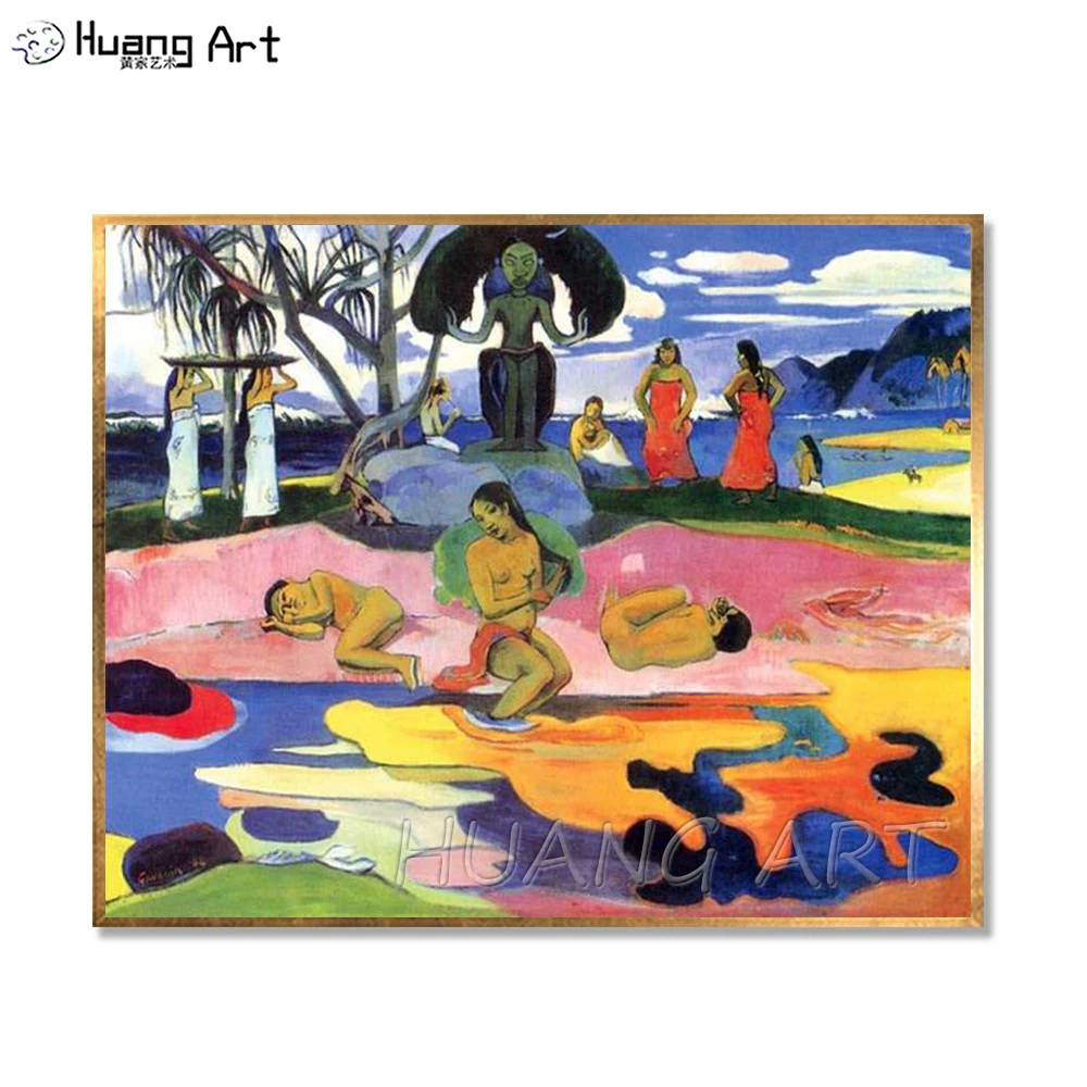 People in the Lake Landscape Oil Painting for Room Decor Hand-painted Imitation Paul Gauguin Oil Painting on Canvas Gods Day