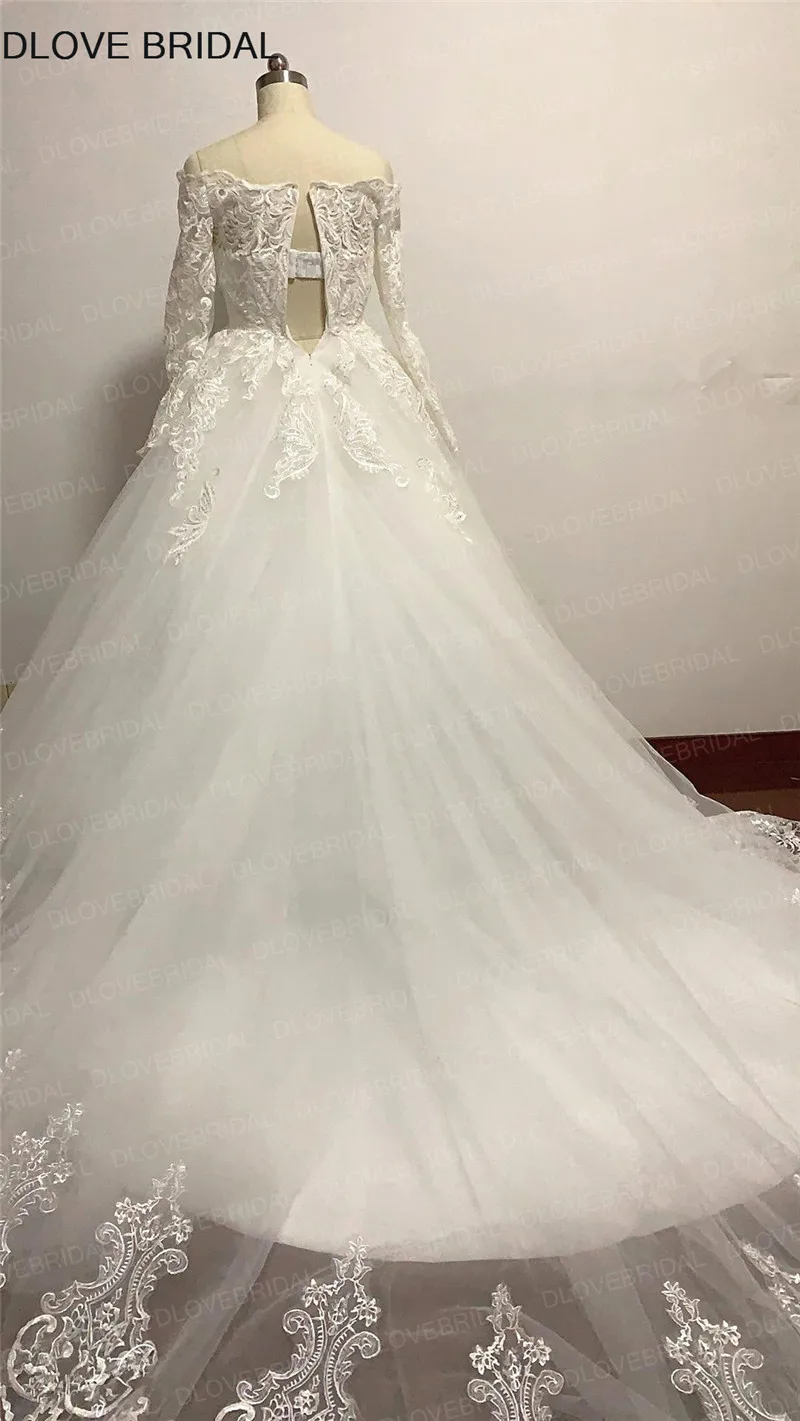 Elegante Lange Mouwen Baljurk Trouwjurk Lovertjes Kant Uit de Schouder Bruidsjurk Vestido De Noiva Hoge Kwaliteit Real foto's