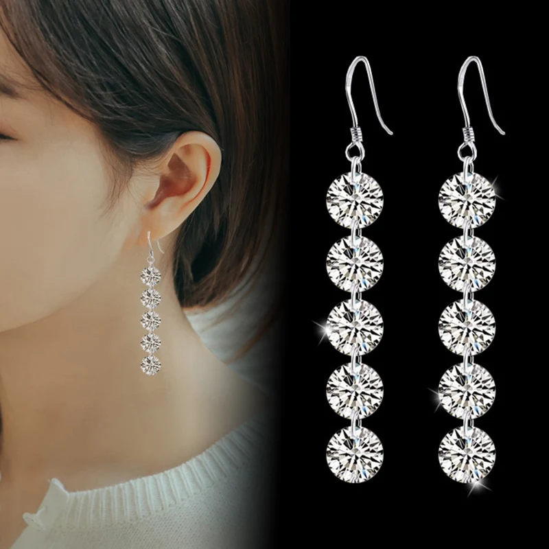 Women\'s Fashion Long Drop Earrings Shiny Crystal CZ Stone Connected Charming Dangle Earrings Jewelry For Lady Girls