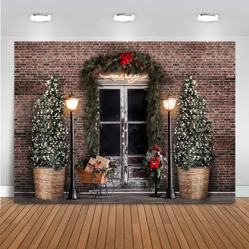Дверь, Рождество, детский фон для фотосъемки, кирпичная стена, детские фоны, дерево, винтажный уличный фонарь, декор, детская фотостудия