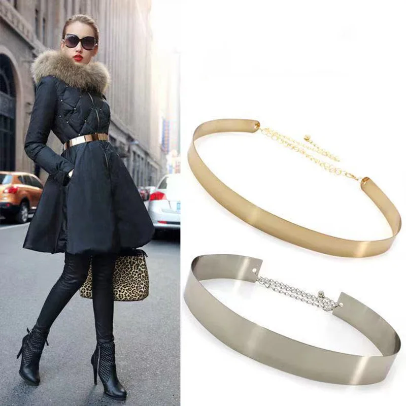 Simple Fashion Lady's Metal Sheet Wide Girdle Designer Gold Silver Chain Pendant Belt All-Match Coat Dress Accessories Waistband