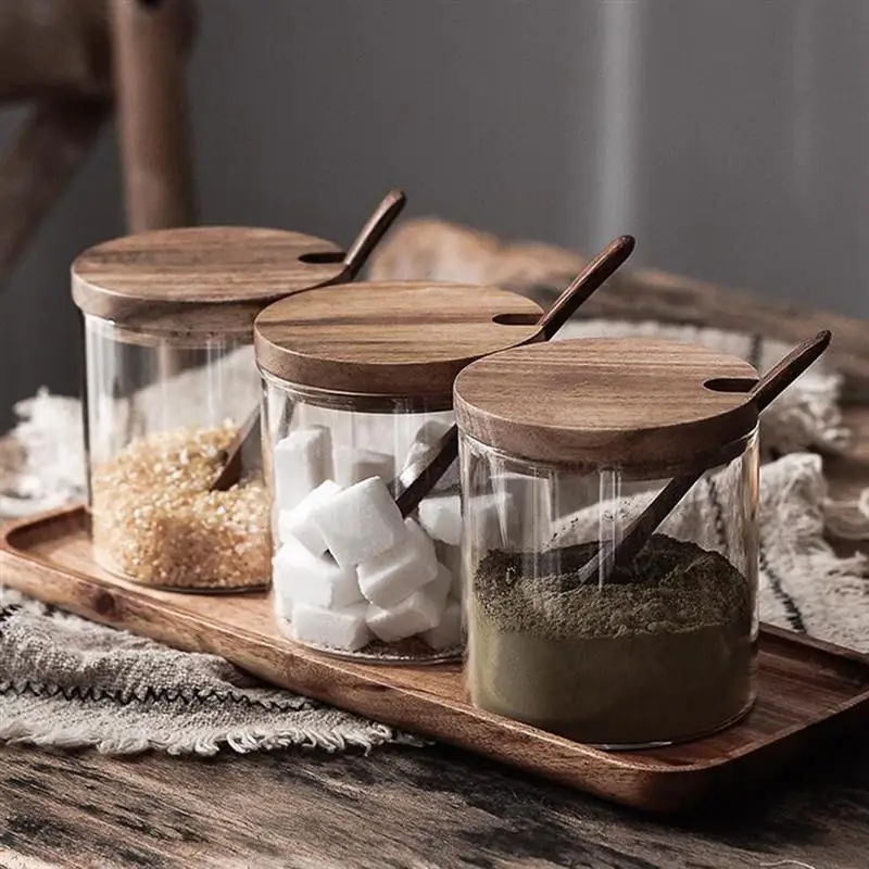 

1pc Kitchen Seasoning Storage Tank Nordic Style Glass Salt Container Salt Sugar Bowl With Lid And Spoon Spice Storage Jar