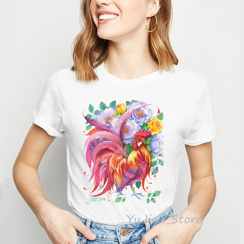 Watercolor Flowers Blue / Water Rooster tshirt women kawaii clothes animal print tumblr t shirt femme streetwear Free Shiping