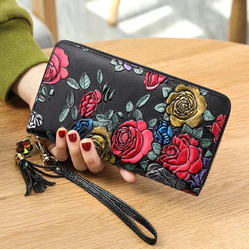 Wallet Woman 2022 Embossed Dragonfly Rose Clutch with Tassel Wristlet Purse Long Genuine Leather Evening Bag Wallets for Women