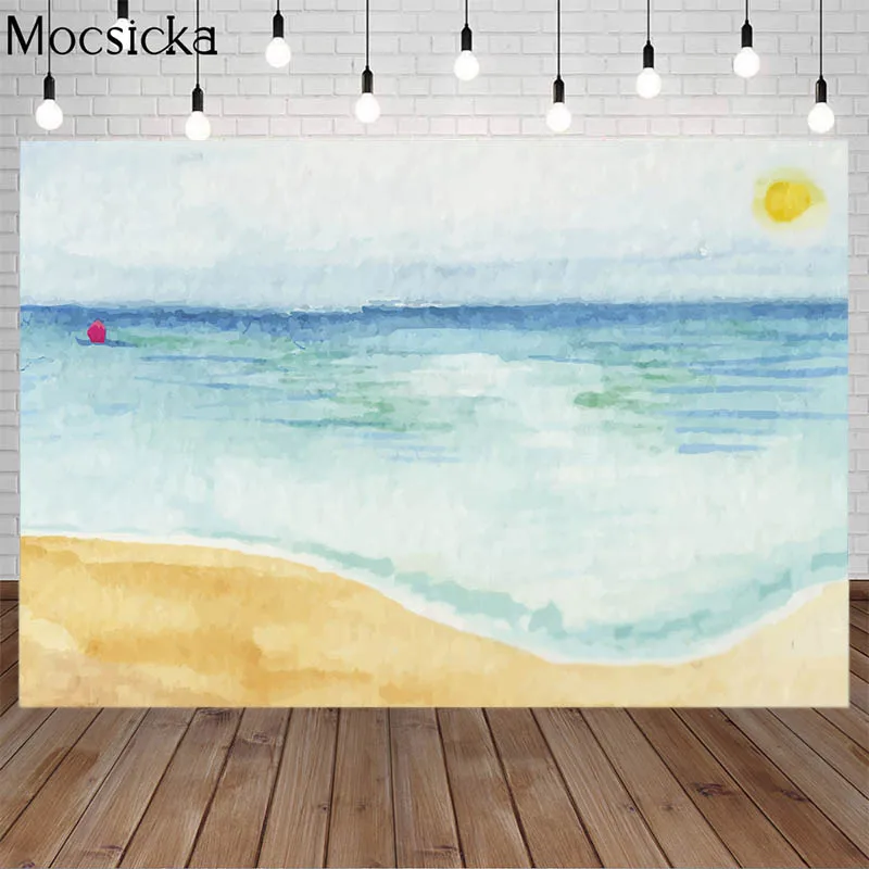 Summer Beach Backdrops Oil Painting Style Blue Sea Sunrise Sky Cloud Wave Photography Background Hawaii Vacation Portrait Props