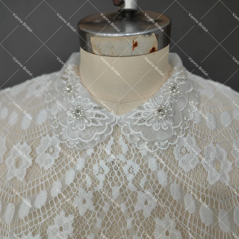 Vestido de novia de encaje de media manga, cuello vuelto personalizado, ilusión transparente, escote en V