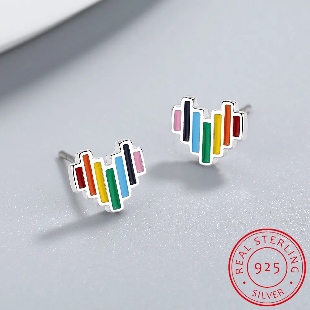 LEKANI Enamel Rainbow Heart Stud Earrings for Girls Lady Women Minimalist Silver Prevent Allergy Jewelry Brinco New SCE787