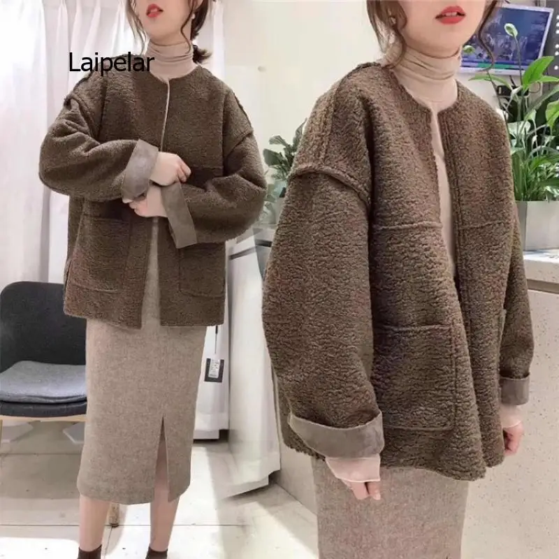 

Women's plush winter coat Korean-style casual loose jacket with pockets long-sleeved clothing round collar elegant plush