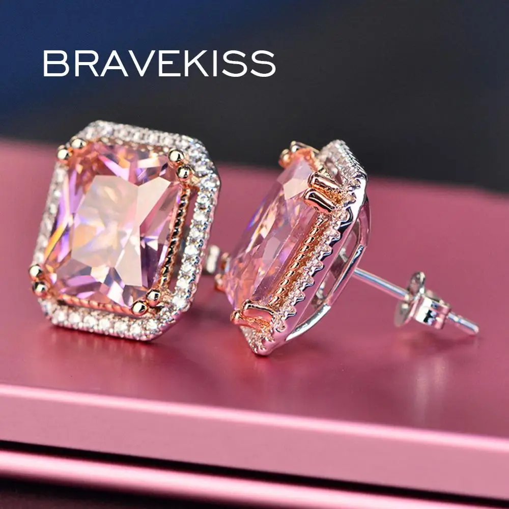 Bravekiss Pink Square stud earrings  with stones for female Fine fashion jewelry cute accessories for women Cubic Zircon BUE0600