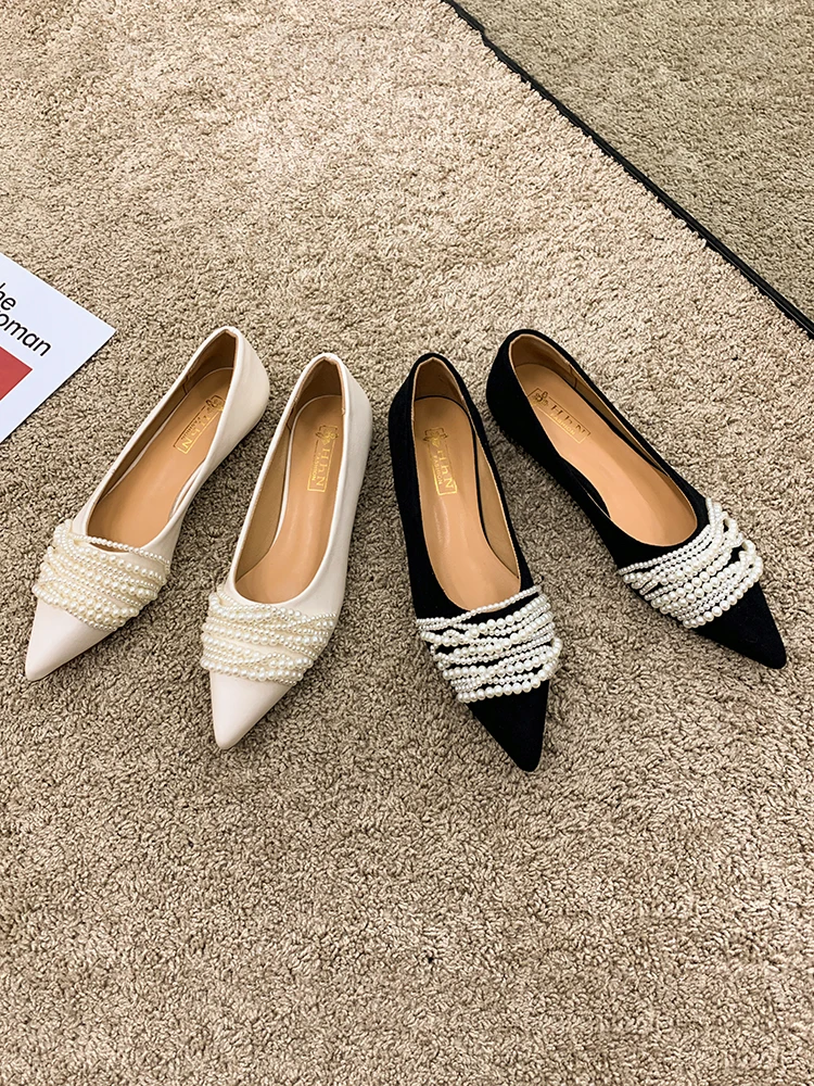 Women\'s Shoes Pumps Spring 2021 New Fashion Soft Sole Pure Color Beaded Decorative Low Heels