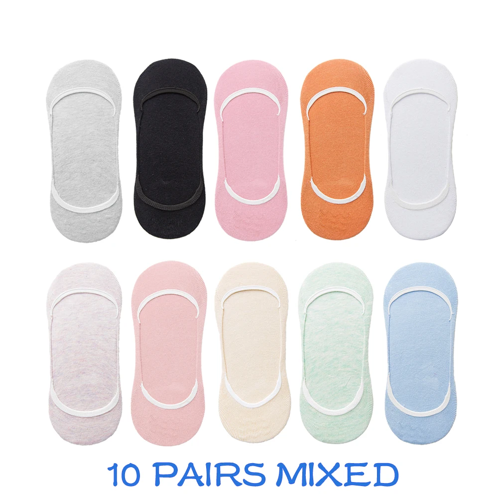 10 Paar unsichtbare Socken für Damen, Hausschuhe, kurze Söckchen-Set, modische Damen-Frau-Packung, einfarbig, Baumwolle, rutschfest, No-Show-Socken – Detail 1