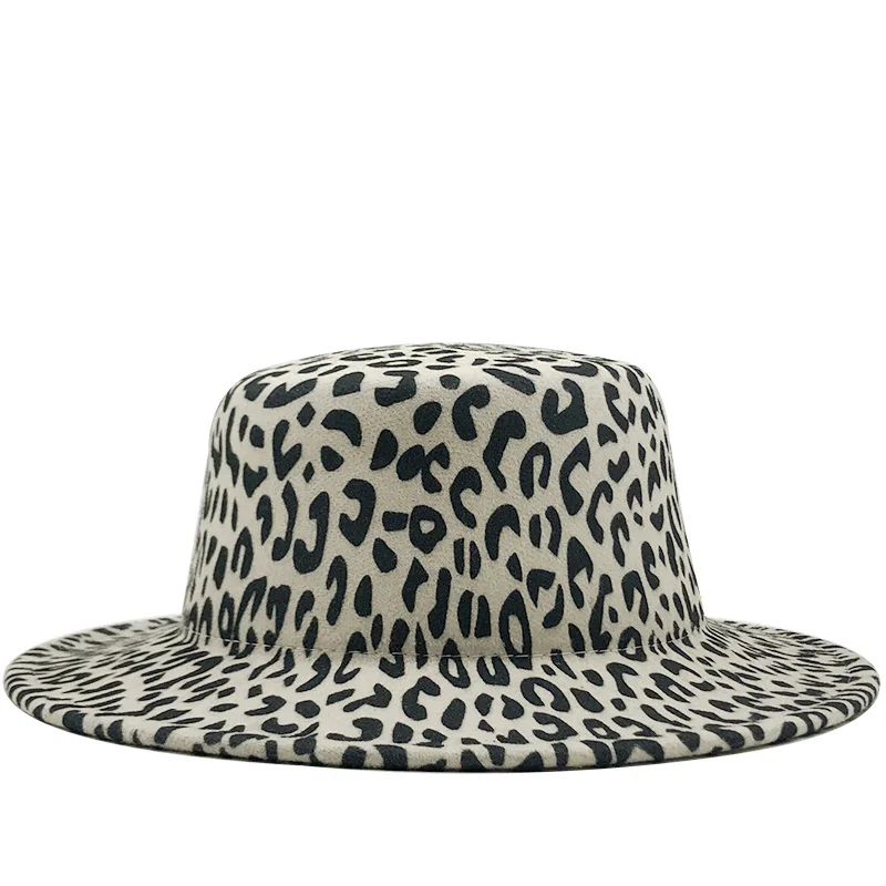 

New Wide Brim Leopard Print Flat Top Wool Fedora Felt Hat For Women Autumn Winter Boater Jazz Cap Black band