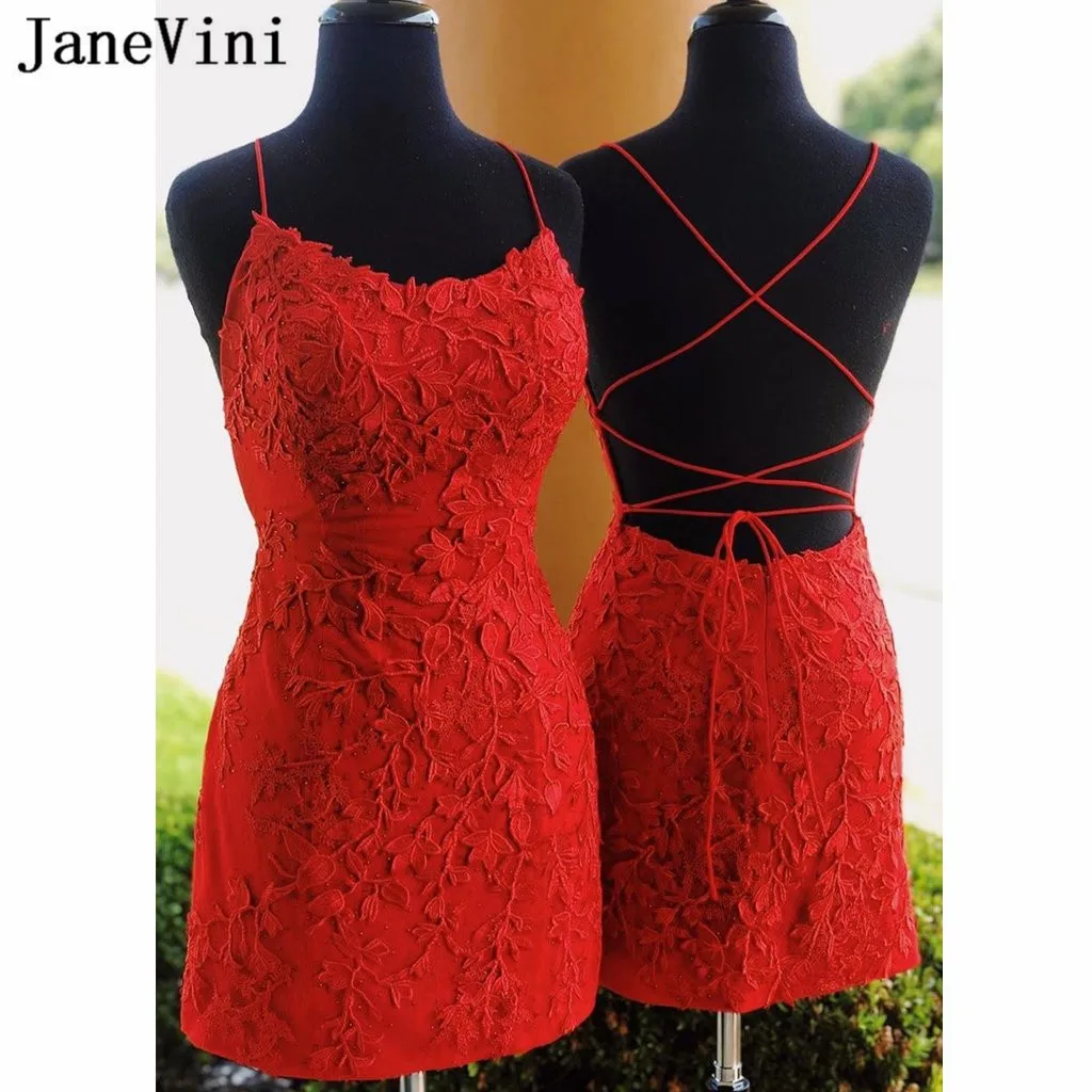 JaneVini Sexy Hở Lưng Cocktail Váy Đầm Cho Đám Cưới Đỏ Phối Ren Đính Hạt Ngắn Form Đầm Suông Nữ Thanh Lịch Vestidos De Coctel 2020