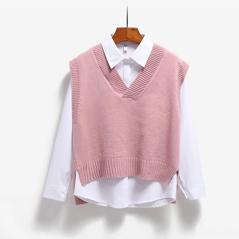 Women Sweater Vest V-neck Knitted Top 2024 Korean Fashion Knitwear Spring Autumn Jumper Female Sleeveless Pullover Waistcoat