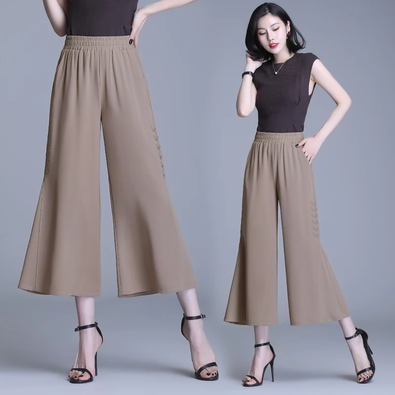 2024 Fashion High Waist Work Pants Womens Chiffon Trousers Celmia Autumn Casual Buttons Loose Elegant Party Wide Leg Pants