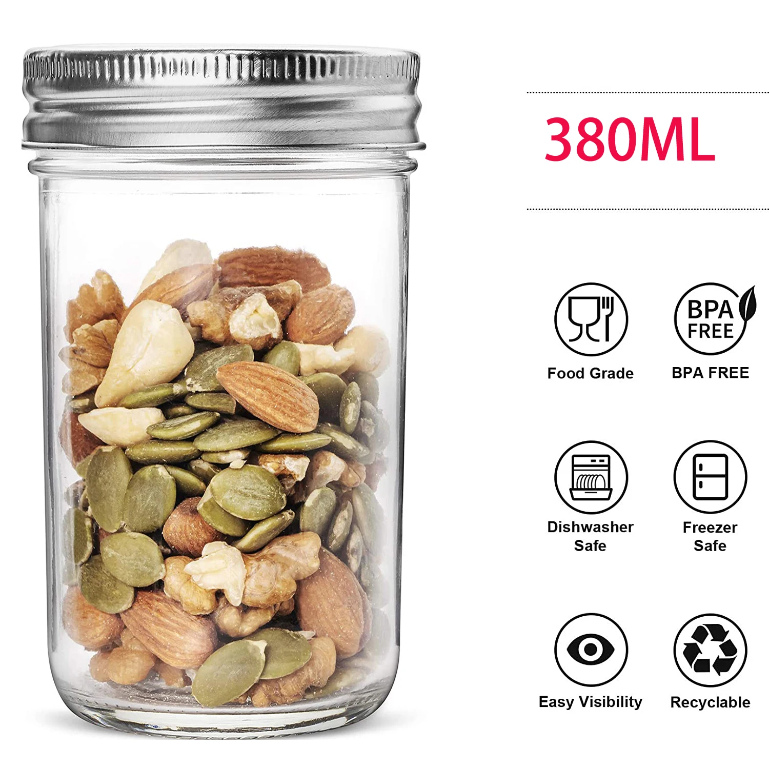 380ML Glass Regular Mouth Mason Jars with Metal Lids for Canning Food Storage Prep Jams Jellies Pickles Preserves (3 PCS)