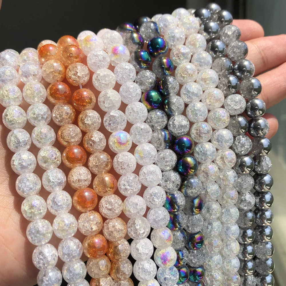 Natural Snow White Cracked Quartz AB Multicolor Crystal Glass Beads Round Spacer Loose Beads For Jewelry Making DIY Bracelets