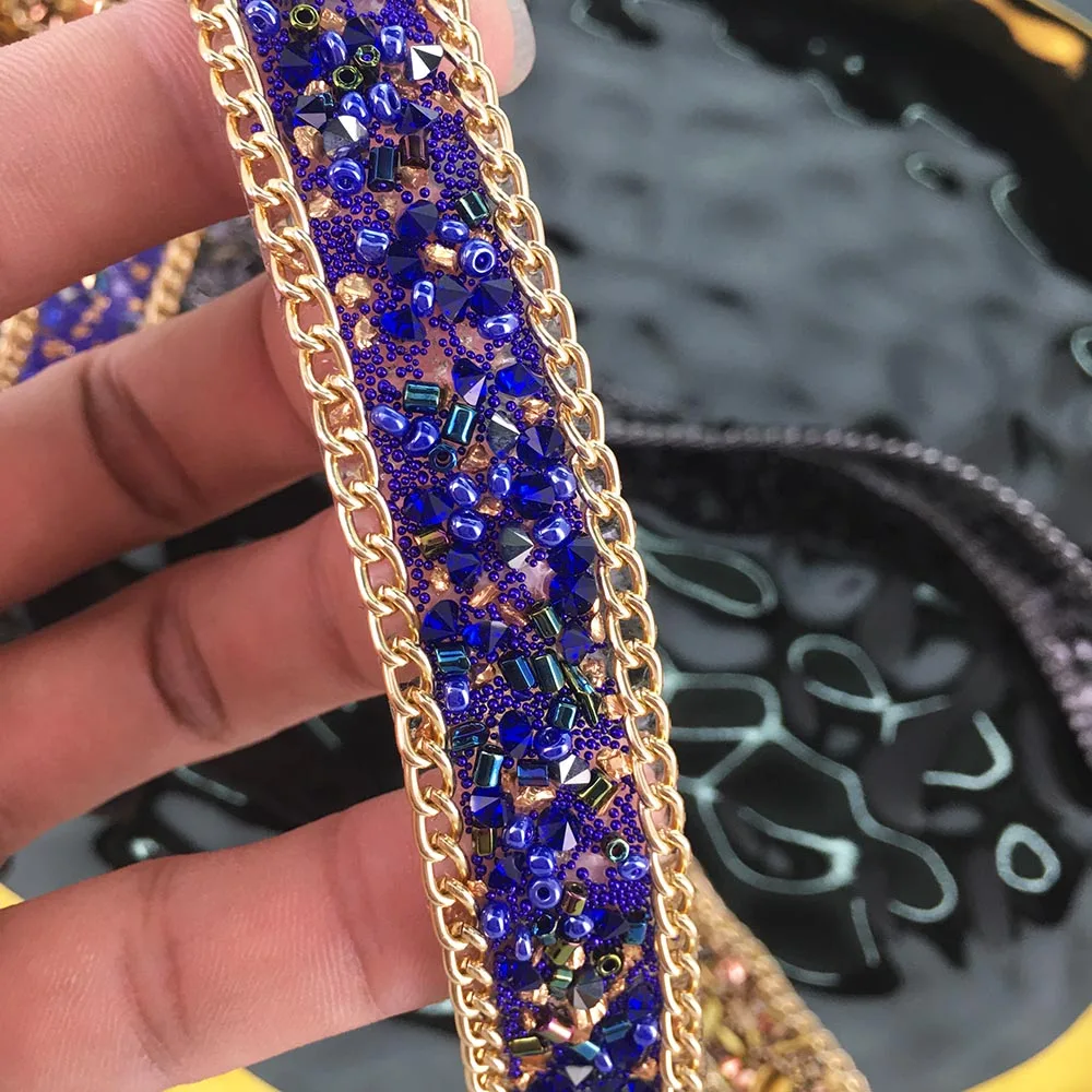 2yard black blue gold crystal rhinestone trimmed chain ribbon for dresses, bags, shoe accessories TZ131415