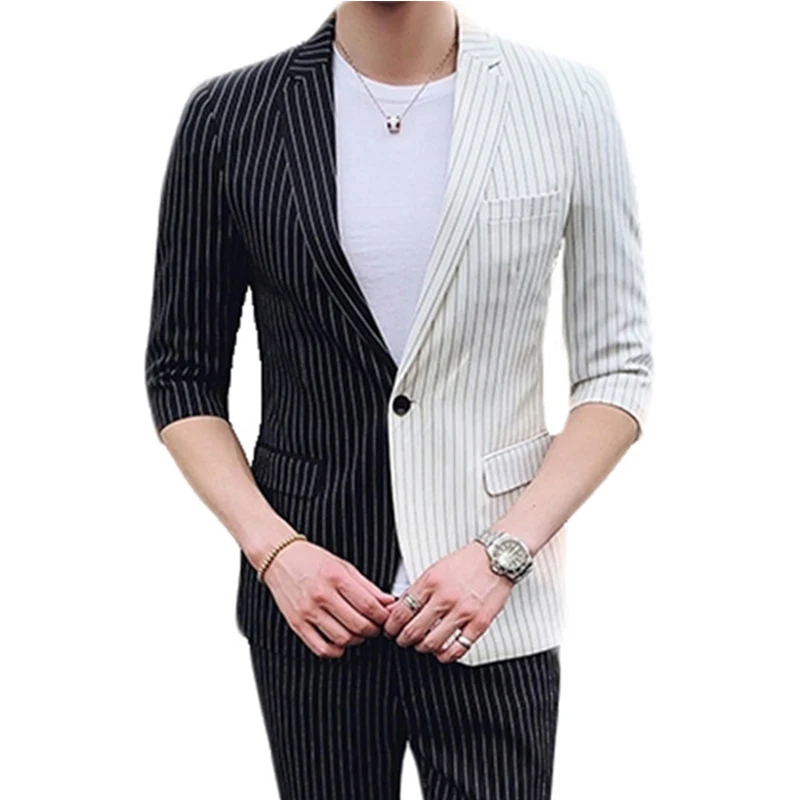 Splice Contrast Color Mens Party Suits Mens Stage Clothing Fashion Mens Slim Fit Suits With Party Prom Skinny Two Piecess Suits