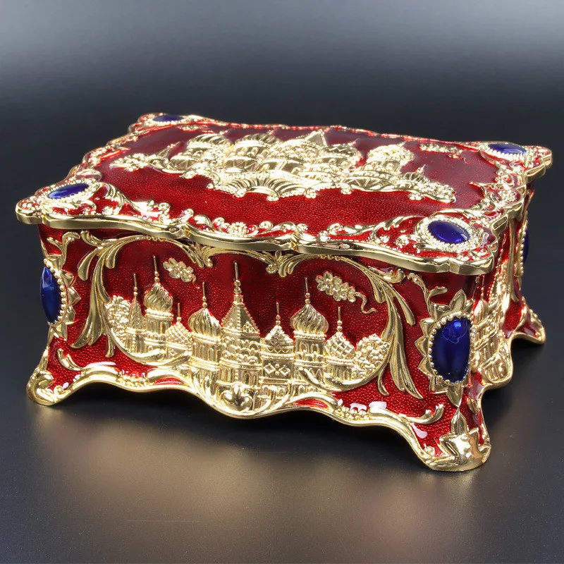 Vintage Two Layers Castle Trinket Jewelry Box Rectangular Enamel Jewelry Storage Box Birthday Wedding Gift Box Case for Women