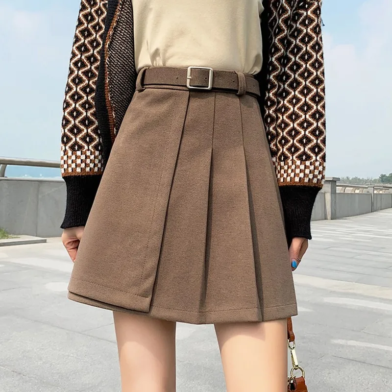 

Ladies Elegant A-line Pleated Skirt New 2022 Korean Style Vintage Woolen All-match Women Casual Mini Skirts With Belt H118