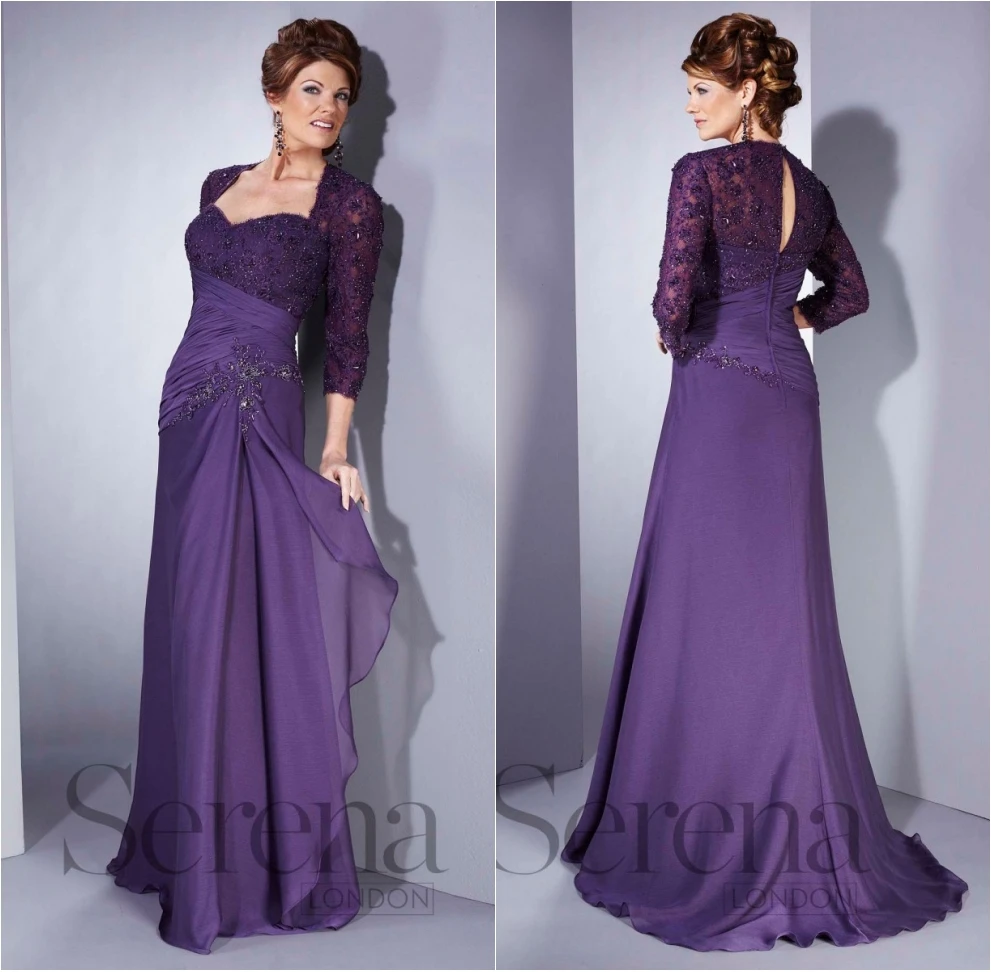 Plus Size Sweetheart Three Quarter Sleeves Long Mother of the Bride Dresses Purple Chiffon with Applique Beaded A-line Mum Dress