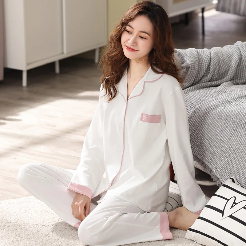 Pajamas for Women 100% Cotton Set White Pijama PJ Long Sleeves Nightwear Pure Cotton Sleepwear Women 2021 Winter Pyjama Femme