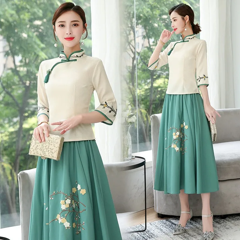 Women Embroidery Hanfu Mandarin Collar Top&Skirt Chinese Style Two Piece Suit Female Summer Tang Suit Plus Size 3XL