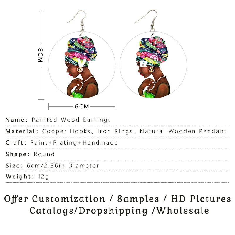 Voikukka Jewelry 6 CM Circle African Women With Blue Hair Art Afro Girl Painting Wood Both Sides Printing Dangle Earrings