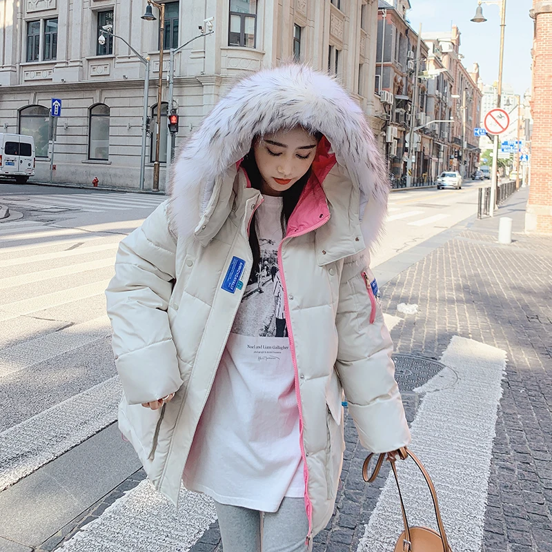 Winter 2021 new mid-length jacket warm hooded down cotton parka coat women's casual loose winter big fur collar ladies jacket